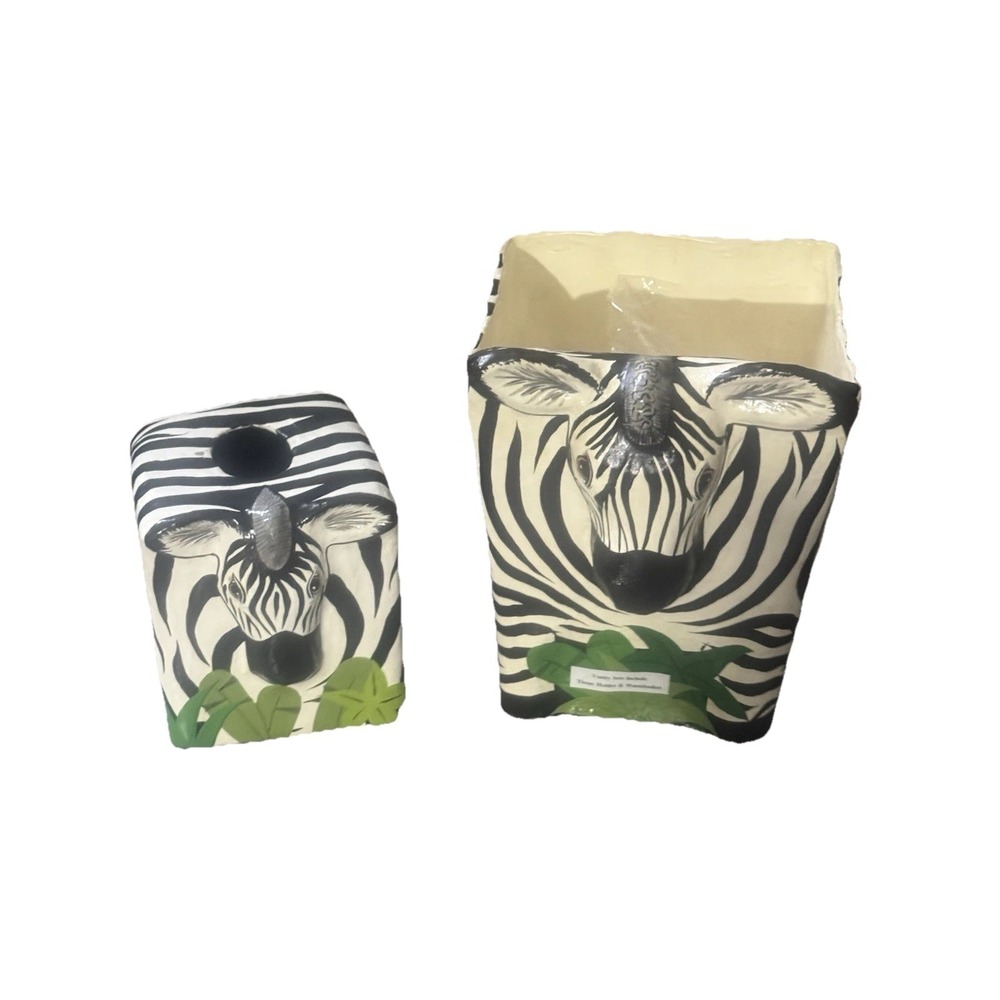 Zebrapapier-mâché wastebasket & tissue holder. 10" Vanity Set. Thailand‎